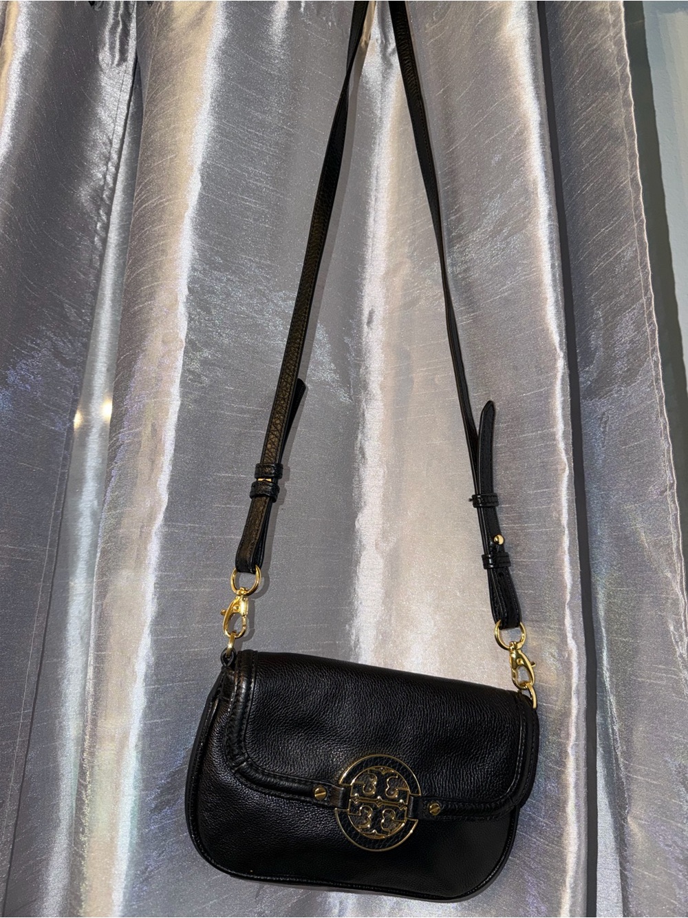 Tory Burch Black Leather Crossbody with Gold Logo Hardware